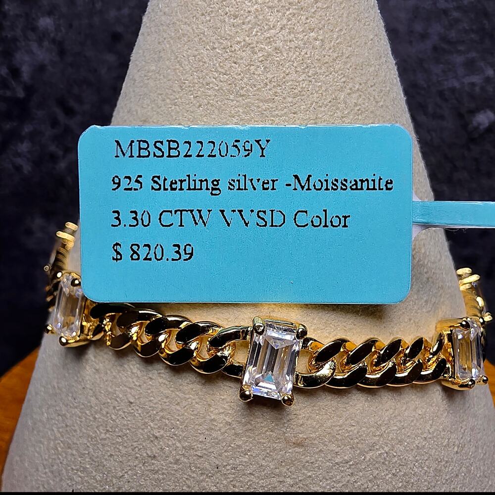 7" 3.30CTW Emerald-Cut VVS/D Moissanite Cuban Bracelet, Gold Over Silver (4.4mm) - Picture 7 of 10